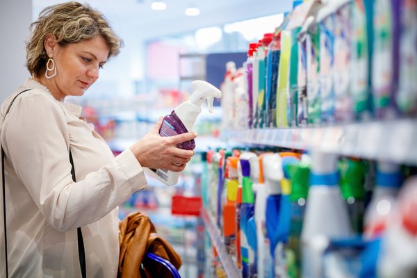 A woman shopping for cleaning products in a supermarket.