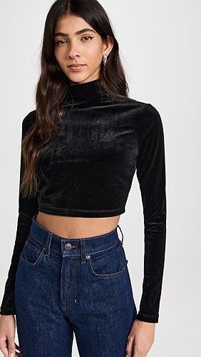 Susana Monaco Stretch Velvet Crop Mock Long Sleeve Top.