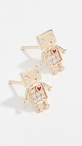 Sydney Evan 14k Gold Love Robot Stud Earrings.