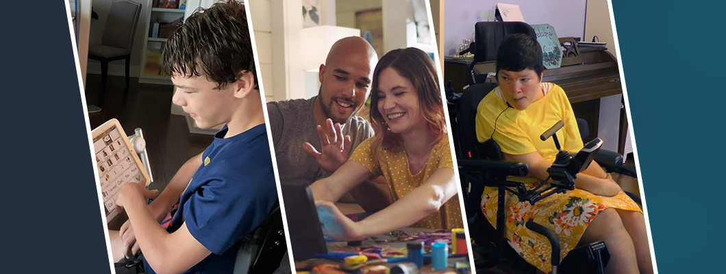  A collage of pictures: a boy with an adaptive tablet; a couple smiling at an Echo Show; a woman in a power chair.