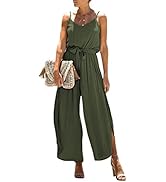 Happy Sailed Womens Jumpsuits Casual Spaghetti Strap Wide Leg Split Belted Jumpsuit Long Pants Ro...