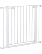 PawHut Barrera de Seguridad de Perros Extensible para Escaleras y Puertas 75-96 cm con 2 Extensiones de 7 cm Cierre Automático y Marco de Acero Altura 76 cm Blanco