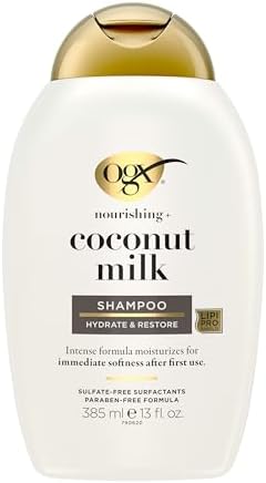 OGX Nourishing + Coconut Milk Moisturizing Shampoo, Hydrating & Restoring Shampoo Moisturizes for Soft Hair After the First Use, Paraben-Free, Sulfate-Free Surfactants, 13 fl. oz