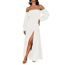 ZESICA Women's 2024 Boho Sexy Off Shoulder Long Sleeve Smocked High Waist Side Split Flowy A Line Tiered Long Maxi Dress