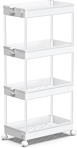 SPACEKEEPER Storage Cart, 4-Tier Mobile Shelving Unit, Bathroom Rolling Cart Utility Storage Organizer Shelf for Kitchen Living Room Bathroom Laundry Room & Dressers, White