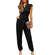 Happy Sailed Womens Jumpsuits Casual Dressy V Neck Frill Sleeve Waist Belt Pockets Long Pants Rom...