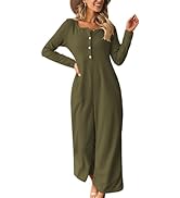 Happy Sailed Women's Long Sleeve Waffle Knit Jumpsuits Front Button Wide Leg Long Pants Romper Ov...