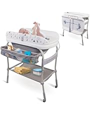 Mobiclinic® Kids, Cambiador de Bebés con Bañera 2 en 1, Trendy, Ajustable en 4 Alturas, Termómetro, Ruedas con Freno, Cesta de Almacenamiento, Hasta 50 kg, Tubo de Desagüe, 0-36 Meses