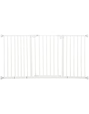 PawHut Barrera de Seguridad Extensible para Puertas y Escaleras Barrera para Perros con Cierre Automático y Sistema de Doble Bloqueo Metal 74-147,5x76,2 cm Blanco