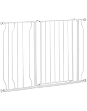 PawHut Barrera de Seguridad de Perros Extensible para Escaleras y Puertas 75-115 cm con 2 Extensiones de 10/20 cm Montaje a Presión Acero Altura 76 cm Blanco