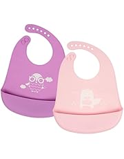 Vicloon Baberos de Alimentación para Bebés, 2Pcs Baberos de Silicona con Recolector Alimentos, Impermeables/Suave Ajustable/Fácil de Limpiar, Baberos para Bebes Unisex, Búho y Zorro