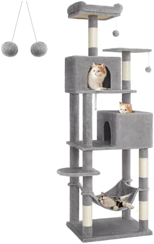 Feandrea Cat Tree, 75.2-Inch Cat Tower for Indoor Cats, Plush Multi-Level Cat Condo with 5 Scratching Posts, 2 Perches, 2 Caves, Hammock, 2 Pompoms, Light Gray UPCT191W01