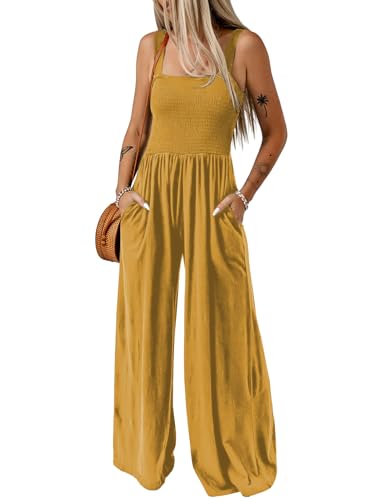 Dokotoo Womens Casual Loose Overalls One Piece Sleeveless Jumpsuits for Women Stretchy Wide Leg Long Pant Rompers Jumpsuit with Pockets XSmall Light Yellow