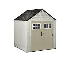 Rubbermaid Resin Outdoor Storage Shed With Floor (7 x 7 Ft), Weather Resistant, Beige/Brown, Organization for Home/Backyard…