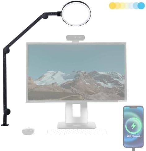 LUME CUBE Edge 2.0 LED Desk Lamp | Dimmable Home Office Desk Light with USB Charging Port & Strong Swing Arm | Adjustable Color Temperature and Brightness | Circle Webcam Light - Black