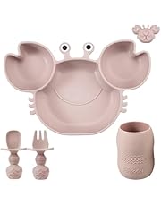 PandaEar Set de Alimentación Bebé en Silicona | Plato Succión Dividido en Silicona, Forma de Cangrejo | Taza Pequeña con Cucharas y Tenedores | Utensilios Autoalimentación - Rosa