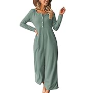 Happy Sailed Women's Long Sleeve Waffle Knit Jumpsuits Front Button Wide Leg Long Pants Romper Ov...