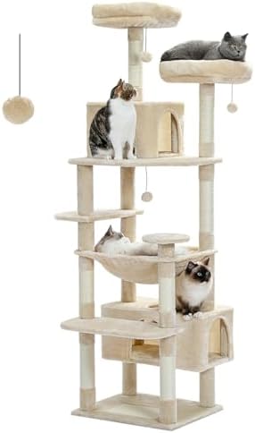 PAWZ Road Large Cat Tree, 72 Inches Cat Tower for Large Cats, Cat Condo with Sisal-Covered Scratching Posts and Pads, 2 Padded Perch, Dual Condo and Basket for Indoor Cats-Beige