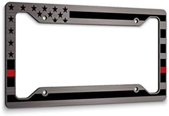 Heavy Duty Thin Red Line American Flag License Plate Frame Matte Black on Brushed Aluminum Composite