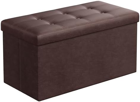 SONGMICS 30 Inches Folding Storage Ottoman Bench, Storage Chest, Footrest, Coffee Table, Padded Seat, Faux Leather, Holds up to 660 lb, Brown ULSF40Z