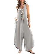 Happy Sailed Womens Jumpsuits Summer Sleeveless Ruched V Neck Flared Wide Leg Pants Rompers Baggy...