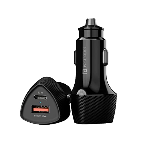 Portronics 51W Car Power 16 Fast Car Charger with Dual Output, 51 Watts Total (18W USB + 33W Type C PD), Fast Charging, Adapt