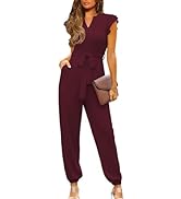 Happy Sailed Womens Jumpsuits Casual Dressy V Neck Frill Sleeve Waist Belt Pockets Long Pants Rom...