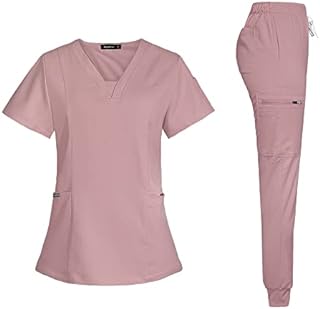 niaahinn Scrub Suit Set for Women Modern V-neck Top & Tapered Leg Jogger Pants with Drawstring Medical Nursing Uniforms Se...