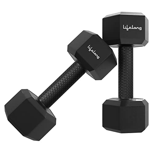 Lifelong PVC Hex Dumbbells Pack of 2 (5kg*2) Black Color for Home Gym Equipment Fitness Barbell|Gym Exercise|Home Workout, Gy