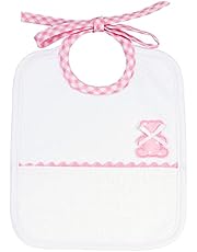 Filet Am2231r – Babero rectangular de suave tejido con estampado de rombos blancos con bordado en forma de osito y bolsillo de tela aida para bordar, color rosa, talla única, 29 g