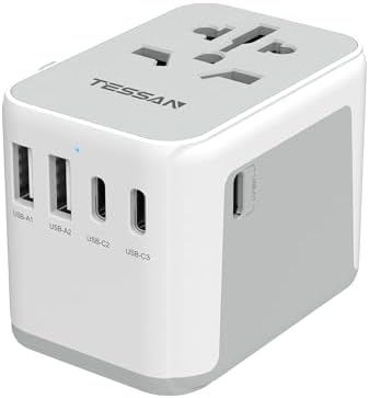 TESSAN Universal Travel Adapter, International Power Adapter 5.6A 3 USB C 2 USB A Ports, Plug Adaptor Travel Worldwide, Travel Charger Outlet Converter for Europe UK EU AUS (Type C/G/A/I)