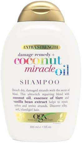 OGX Extra Strength Damage Remedy + Coconut Miracle Oil Shampoo for Dry, Frizzy or Coarse Hair, Hydrating & Flyaway Taming Shampoo, Paraben-Free, Sulfate-Free Surfactants, 13 fl oz