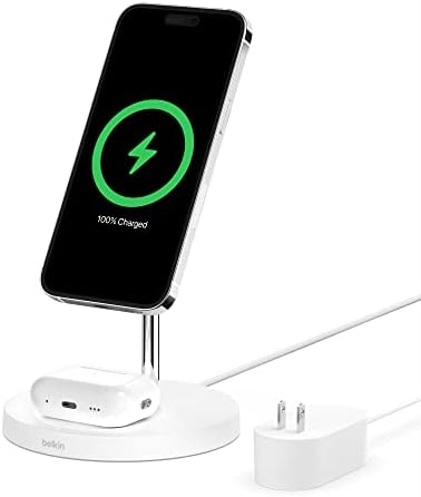 Belkin MagSafe 2-in-1 Wireless Charging Stand for Apple iPhone 15, iPhone 14, iPhone 13, & iPhone 12 Series & AirPods - MagSafe Fast Charging Station for Multiple Devices - White