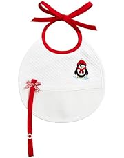 Filet - Babero de Navidad para Bebés para Bordar con Cadena para Chupete y Bordado de un Pingüino con Bufanda y Gorro Rojos, Cierre con Lazos, Made in Italy