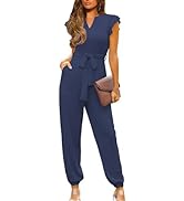 Happy Sailed Womens Jumpsuits Casual Dressy V Neck Frill Sleeve Waist Belt Pockets Long Pants Rom...