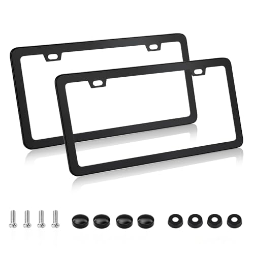 EWBN Black Matte License Plate Frames,2 Pack Aluminum License Plate Frames with Screws & Caps,2 Holes Metal Universal Car Bla