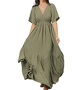 Women Boho Flowy Maxi Wrap Dress V-Neck Tiered Dress High Waisted A Line with Short Sleeve