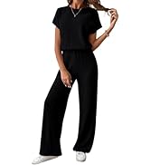 Happy Sailed Women's Casual Loose Solid Ribbed Crewneck Short Sleeve Long Romper Stretchy Wide Le...