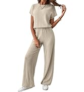 Happy Sailed Women's Casual Loose Solid Ribbed Crewneck Short Sleeve Long Romper Stretchy Wide Le...