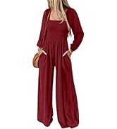 Happy Sailed Womens Jumpsuit Casual Dressy Square Neck Smocked Long Sleeve Wide Leg Pants Rompers...