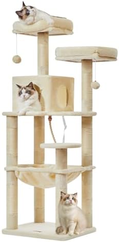 Taoqimiao 55-Inch Cat Tree for Cats, Plush Multi-Level Cat Condo with 9 Scratching Posts, 2 Perches, Cave, Hammock, 2 Pompoms, for Indoor Cats MS023SM Beige