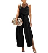 Happy Sailed Womens Jumpsuits Casual Spaghetti Strap Wide Leg Split Belted Jumpsuit Long Pants Ro...