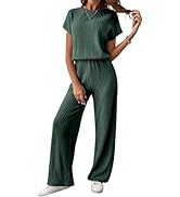 Happy Sailed Women's Casual Loose Solid Ribbed Crewneck Short Sleeve Long Romper Stretchy Wide Le...