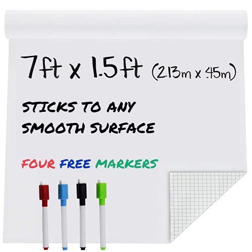 MMFB White Board Sticker Dry Erase, Chalkboard Wallpaper Stick and Peel Adhesive Roll with 4 Ery Erase Chalk Markers for Wall, Tables, Schools, Home (17.8' X 84', 1 Pack)