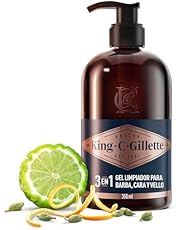 King C. Gillette Gel 3 en 1 para Barba, Rostro y Pelo Hombre con Agua de Coco, Aceite de Argán y Aceite de Aguacate, Limpia e Hidrata, Aroma Refrescante, Cuidado de La Barba, 350 ml