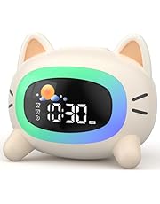 LIORQUE Despertador Infantil con luz Nocturna, 4 Niveles de Brillo Ajustables, 5 Colores Claros y 7 Música para Dormir, Despertador Digital con Función Recargable (Gatito Blanco)