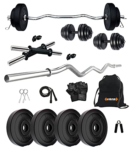 Kore PVC 10KG Combo 3 Home Gym Set with One 3 Ft Curl and One Pair Dumbbell Rods with Gym Bag and Gym Accessories, Multicolor