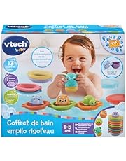 VTech – Estuche de baño Empilo Rigol&#39;Agua, 13 Juguetes de baño para bebés, Animales Rigolos, Elefante regazador, Barcos para conectar y apilar, Regalo para niños y niñas a Partir de 1 año – Contenido