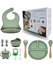 Kuketes – Vajilla Bebe Silicona, 9 Piezas, Libre de BPA, Incluye Plato Con Ventosa, Vaso Antiahogo, Cubiertos Madera + Cubiertos Aprendizaje Bebe y Babero Silicona. Color Verde.REGALO CHUPETE FRUTA