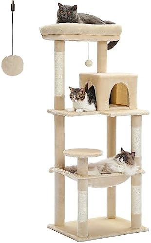 PETEPELA 56.3 Inches Multi-Level Cat Tree Cat Tower with Sisal Covered Scratching Posts, Comfort Condo, Extra Large Hammock and Plush Perches Beige